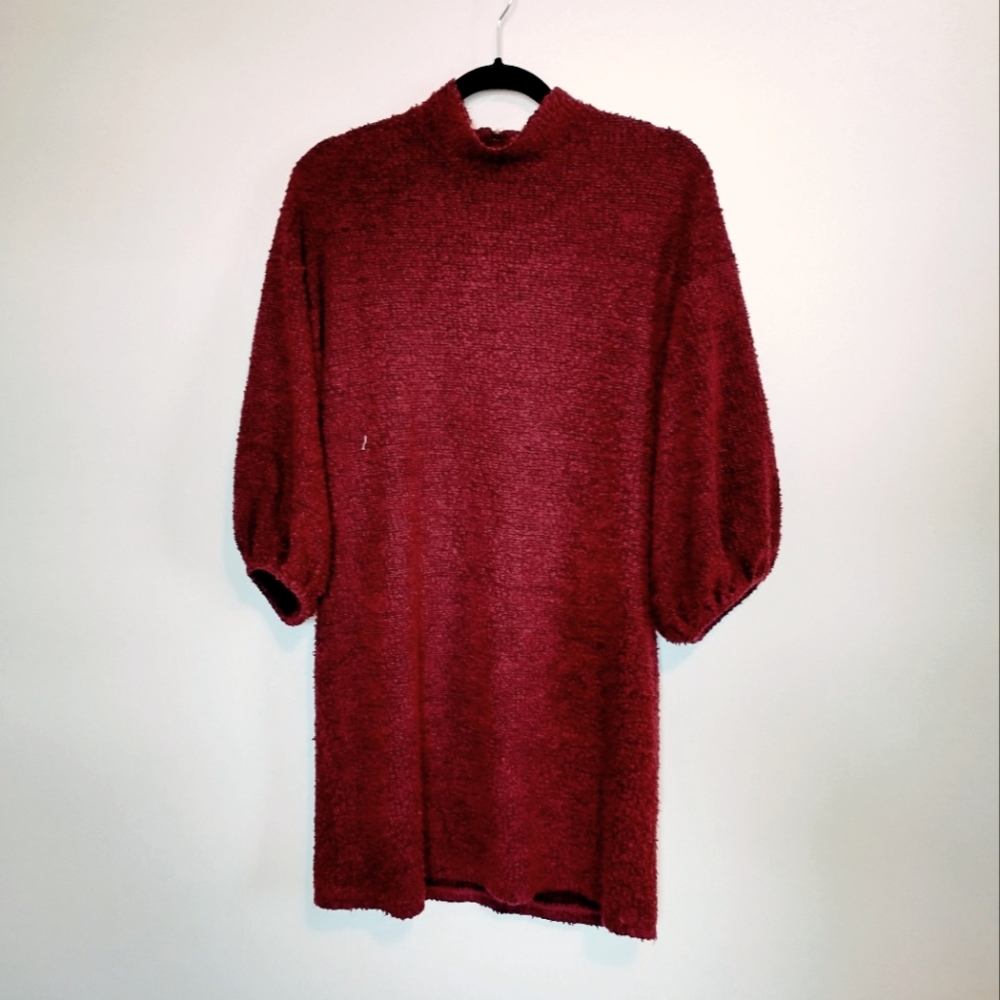 Eyeshadow purple red fuzzy dress with long half length sleeves that have some pu